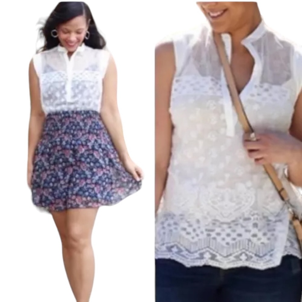CAbi “Prudence” Sheer White Floral Lace Sleeveless Blouse (S)